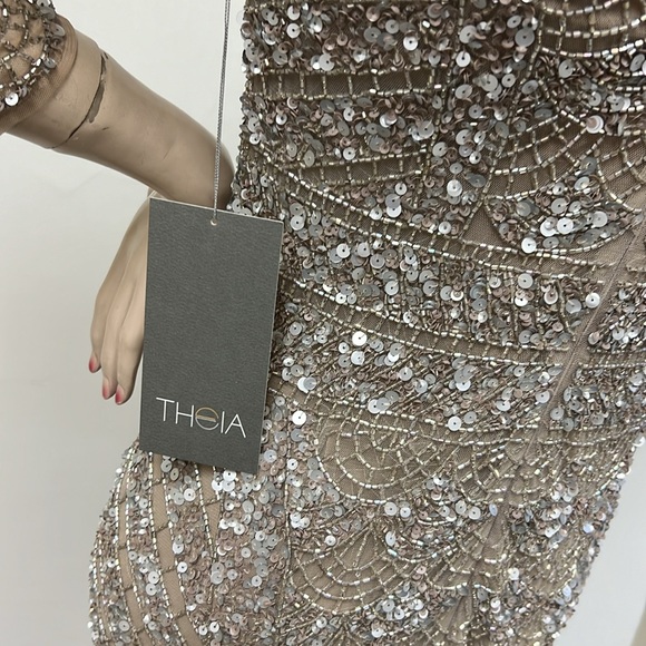 Theia fully beaded long sleeves V-Back midi dress - Picture 11 of 13